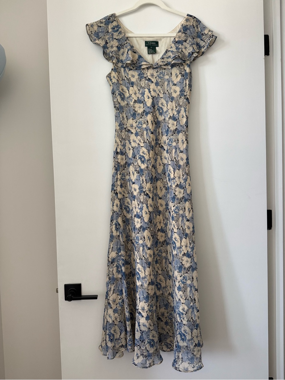 Lauren Ralph Lauren Blue and Cream Floral Ruffle-Trim Maxi Dress